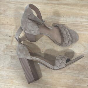 Vici Braided Suede Block Heel Sandals in Taupe